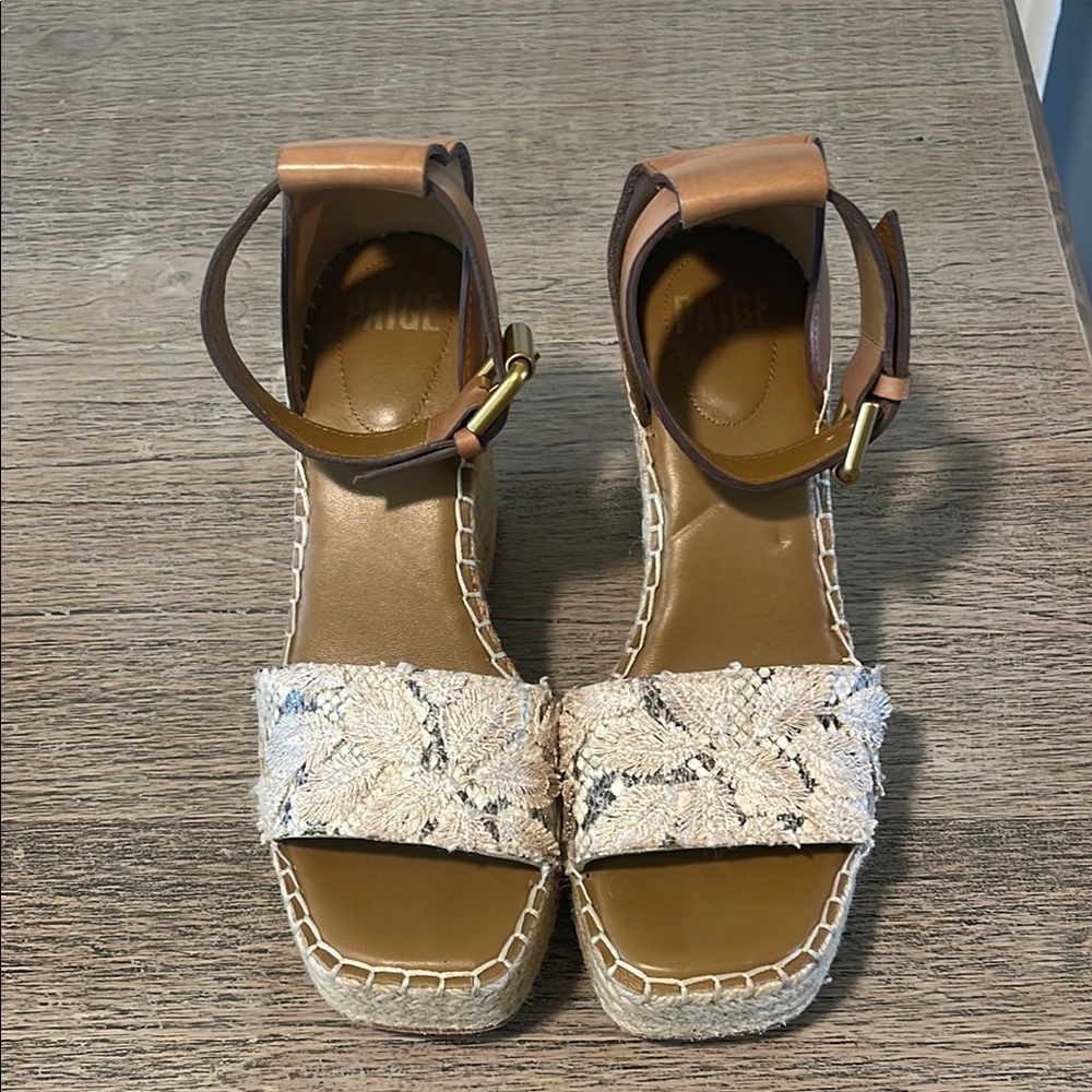 Paige Victoria Ankle Strap Leather Wedge Embroidered Sandals Size 7